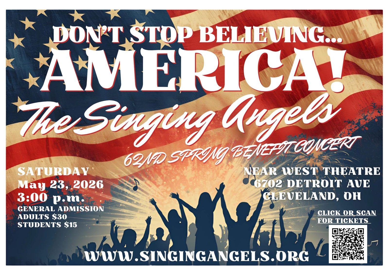 Flyer for the 2026 Spring Benefit Concert, Don't Stop Believing... America